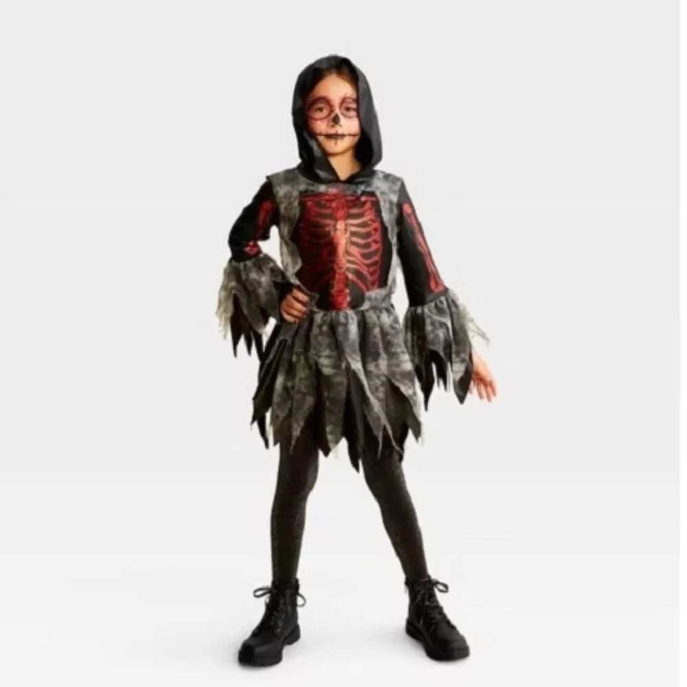 Red Glitter Skeleton Halloween Costume Dress NWT Girls Tattered Hoodie 10-12